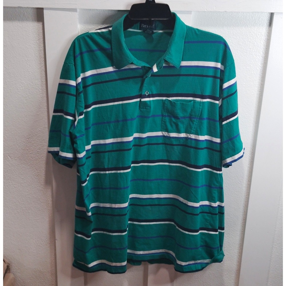 Par Four Men's XLT Big & Tall Green Striped Cotton SS Polo Pocket Collared